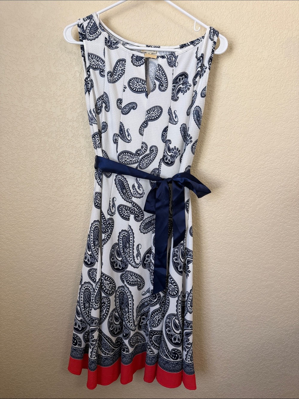 Haani White Paisley Midi Dress with Navy Sash and Red Hem
